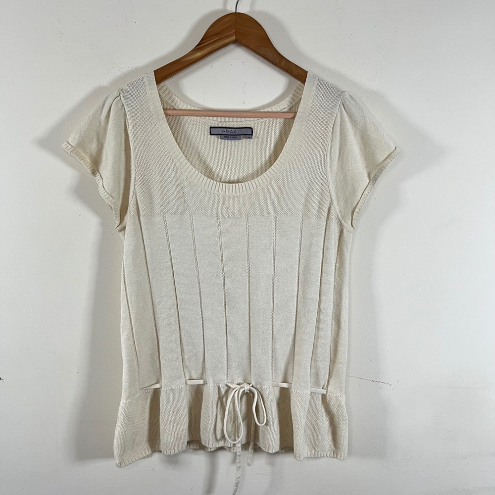To The Max Cream Knit T-Shirt Top Drawstring Waist Puff Sleeves Coquette Cottage